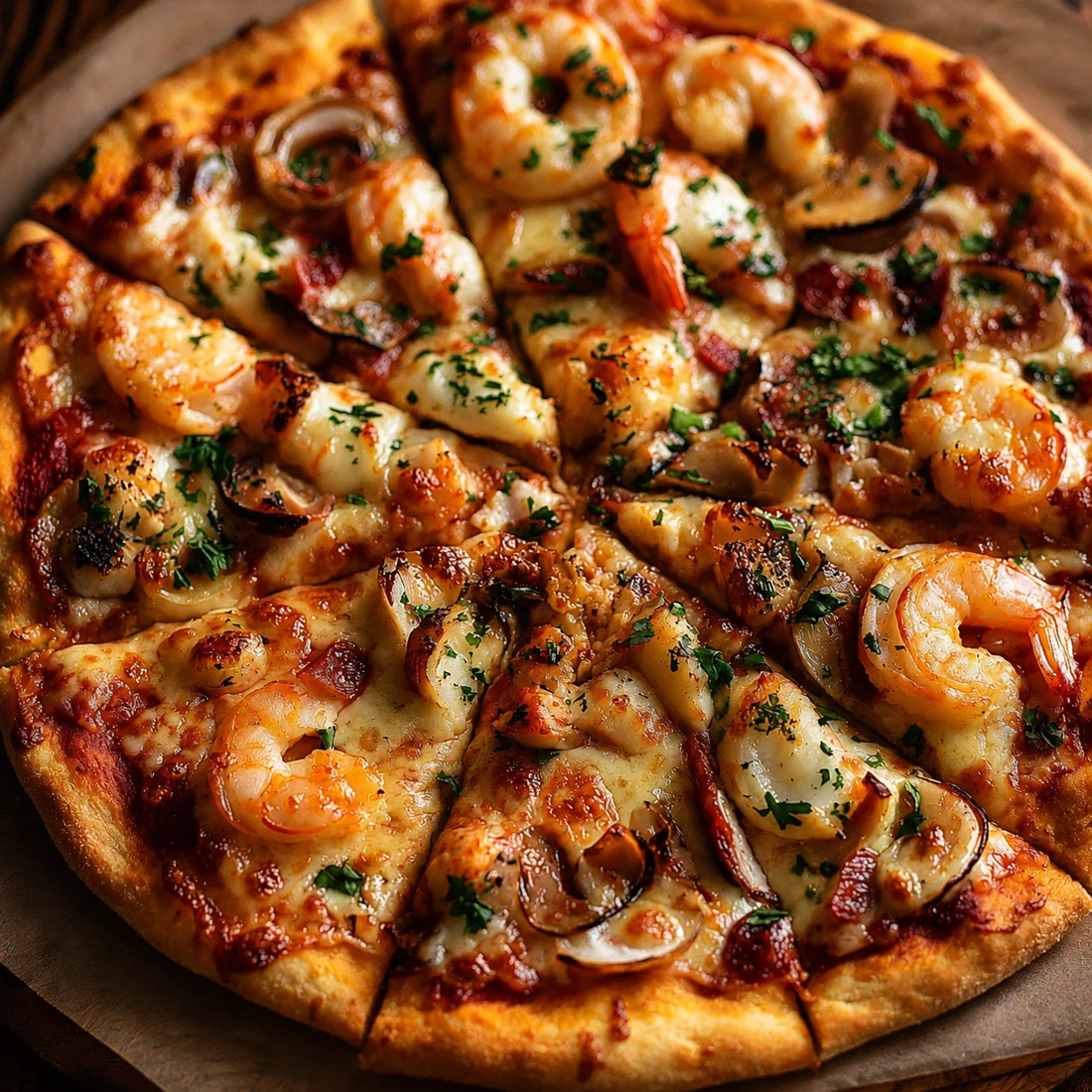 Pizza aux crevettes, au fromage et aux champignons
