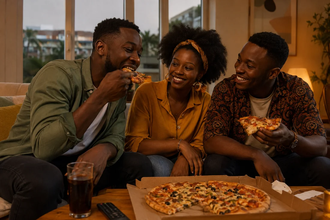 Illustration d’un moment convivial autour de pizzas